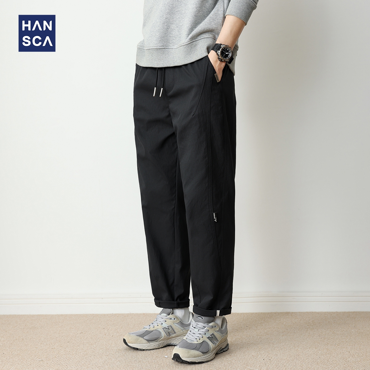 hansca宽松直筒松紧腰绳休闲裤男