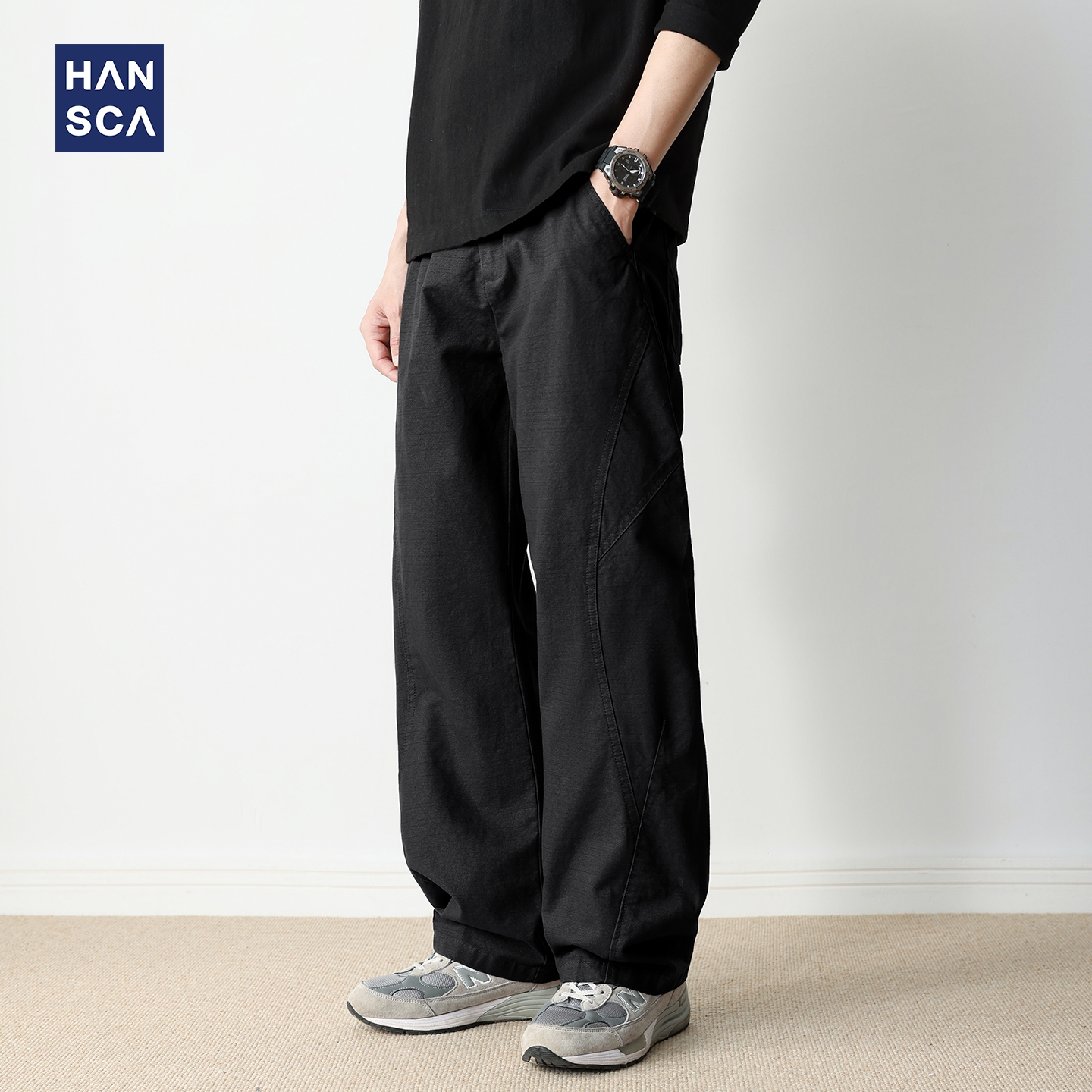 hansca复古纯棉宽松直筒休闲裤男