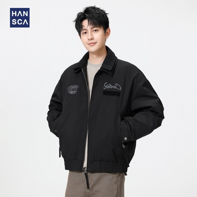 hansca90白鸭绒黑色双层领羽绒服