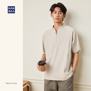 立领拼接半拉链上衣 夏季 hansca170g凉感户外防晒宽松短袖 t恤男士