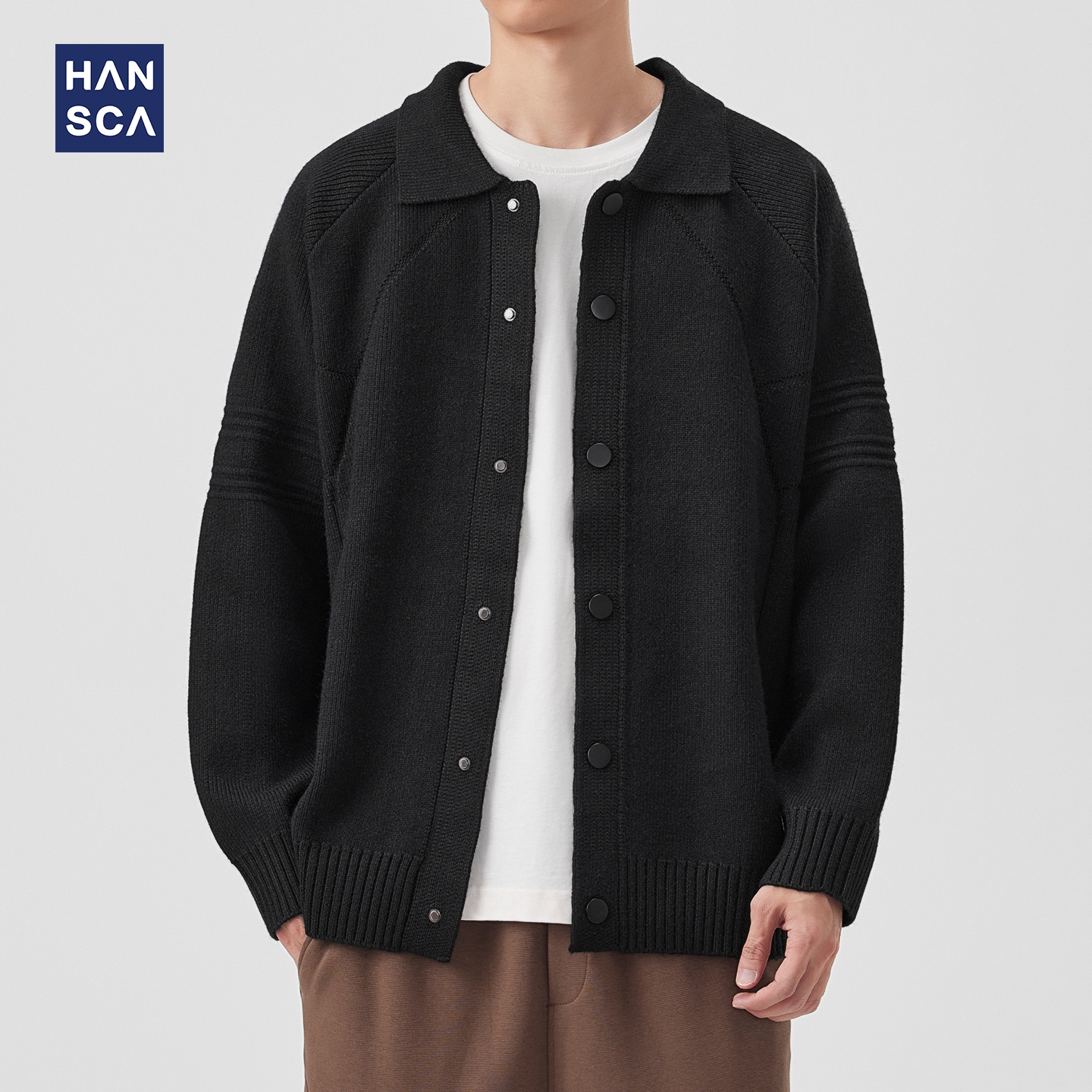 hansca复古Polo领单排扣开衫毛衣