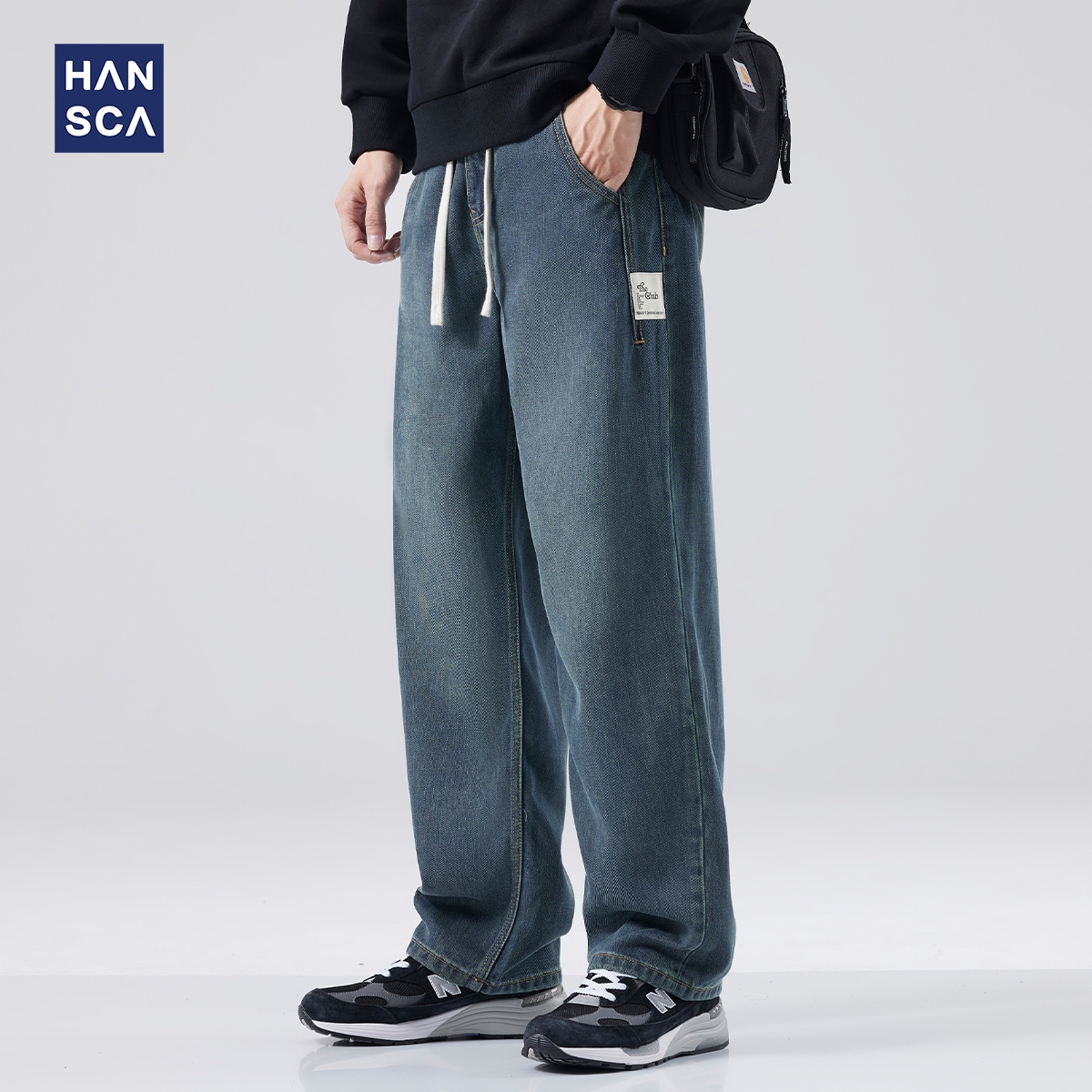 蓝色直筒牛仔裤男秋季水洗宽松