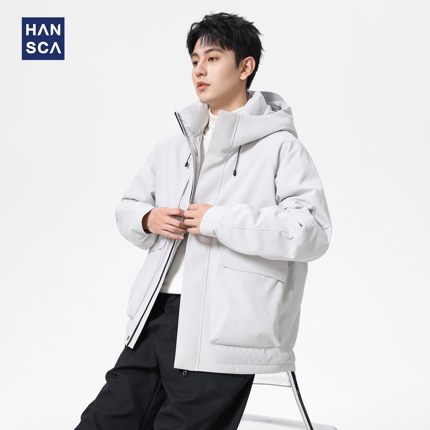 hansca90鸭绒米灰色连帽羽绒服男冬季加厚保暖宽松机能风工装外套