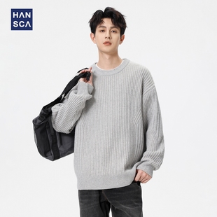 hansca重磅690g紫金羊绒肌理感毛衣男秋季 宽松圆领保暖内搭针织衫