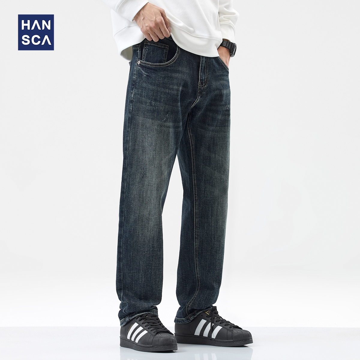 hansca微磨破弹力直筒牛仔裤男秋