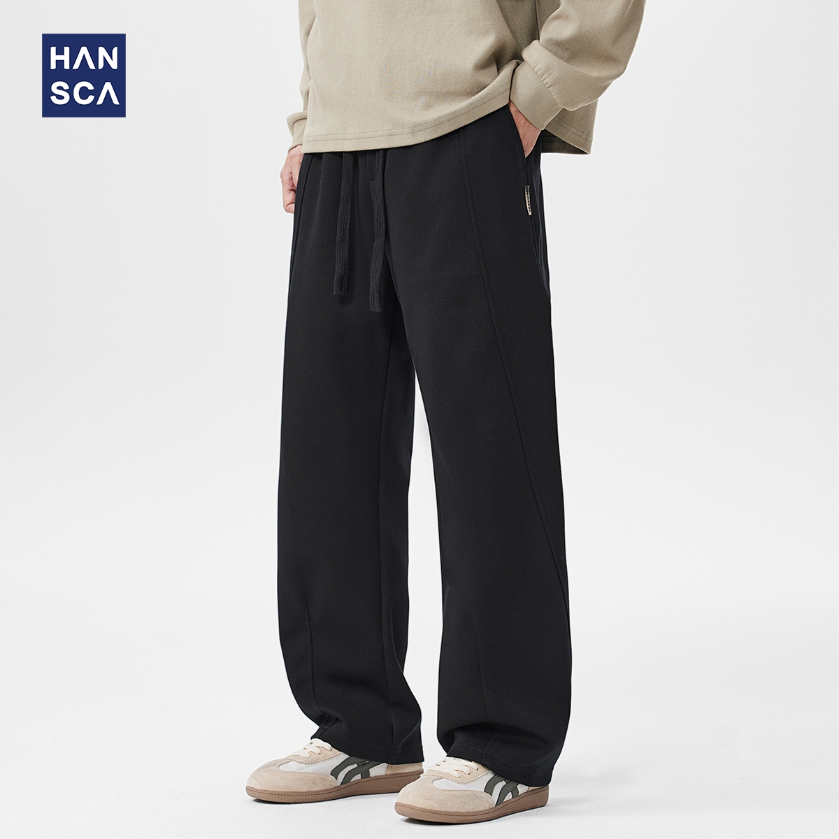 hansca潮牌拼接宽松休闲卫裤男