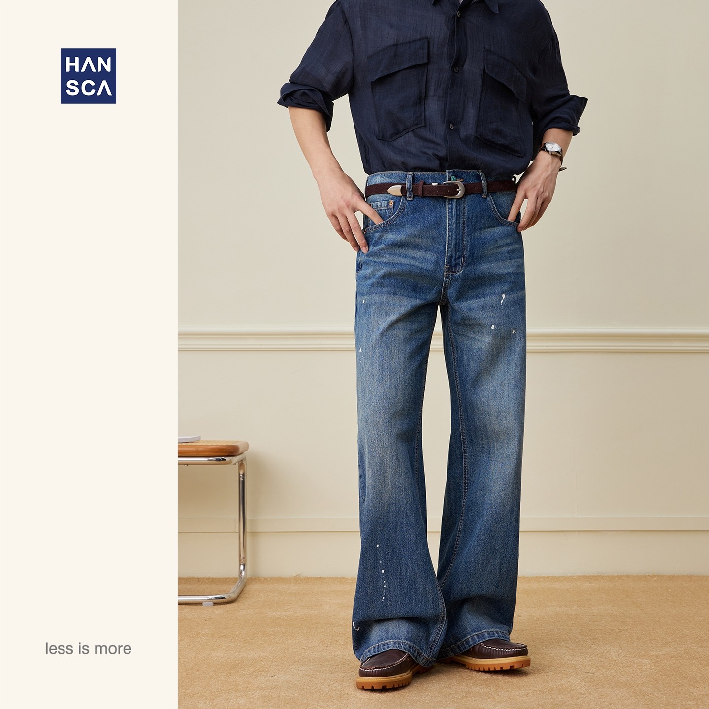 hansca 11.3盎司长绒棉牛仔裤男潮牌2026春季石磨水洗直筒A字裤子