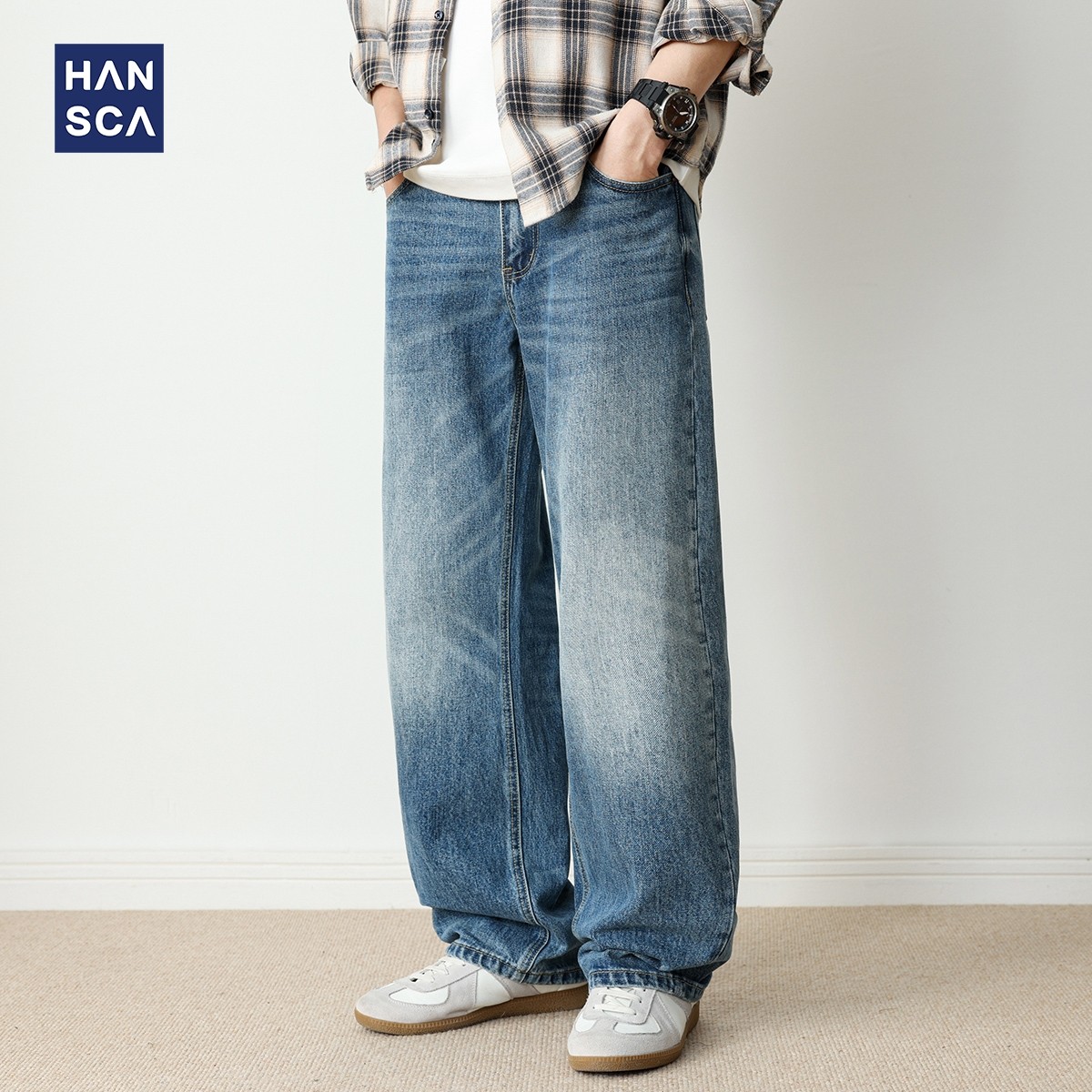 hansca复古纯棉水洗青少年2025秋季牛仔裤男直筒宽松休闲阔腿长裤
