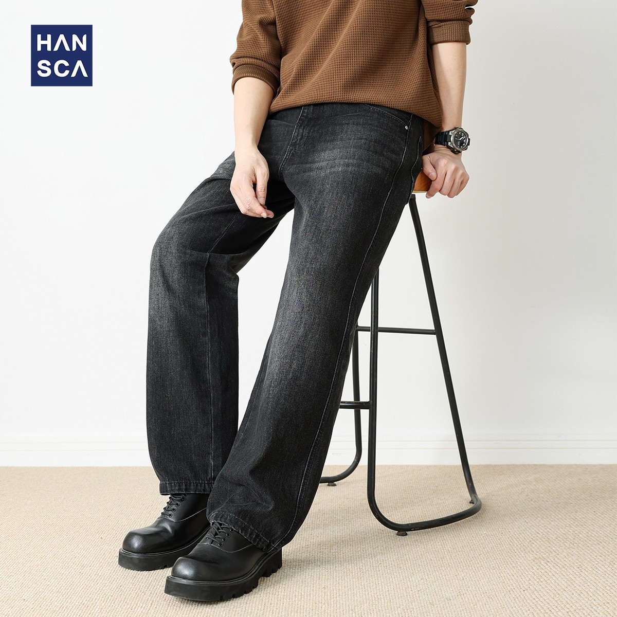 hansca复古直筒青少年黑色牛仔裤男2025秋季美式宽松休闲大码长裤