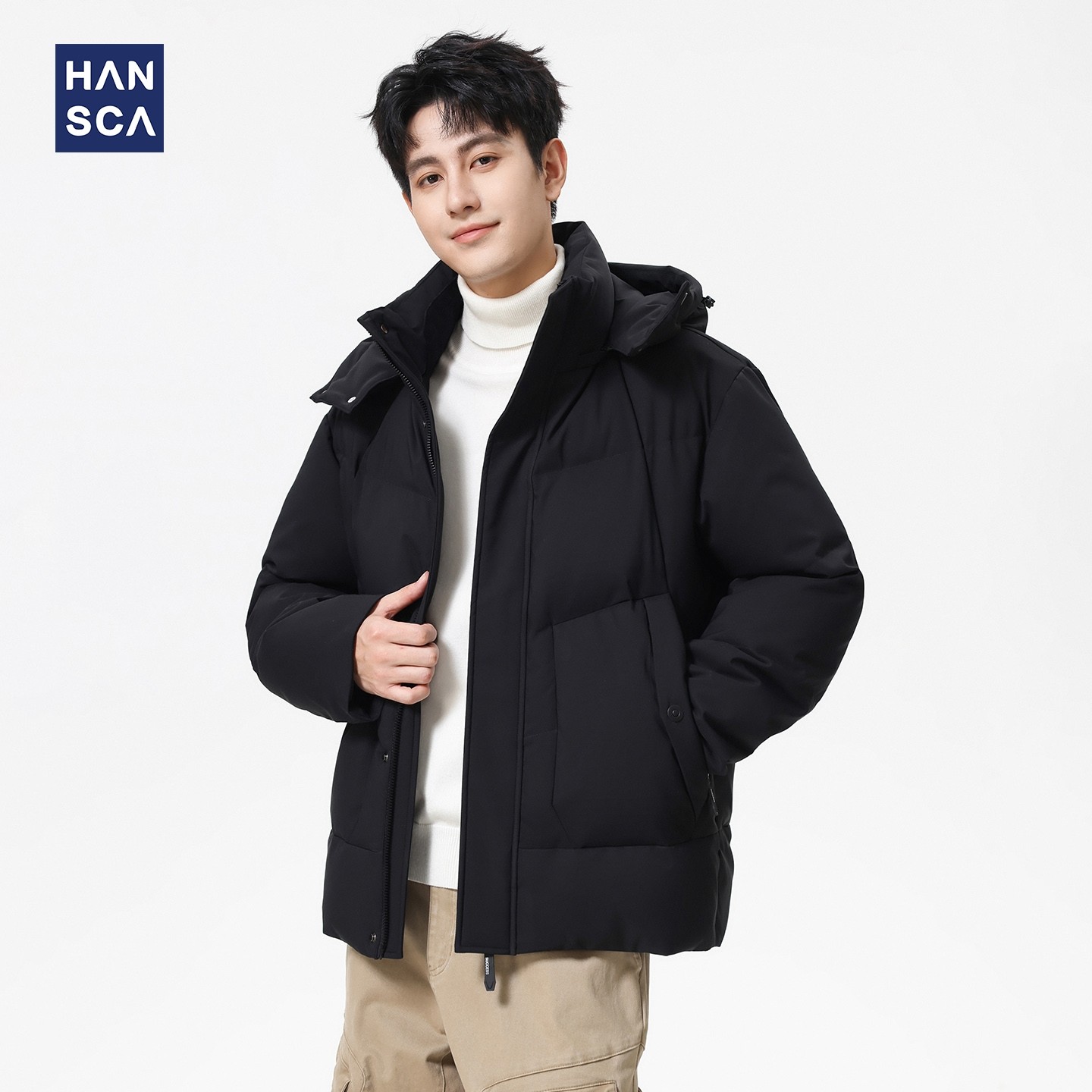 hansca石墨烯发热保暖连帽羽绒服男2025冬季新款90白鸭绒黑色外套,男装,羽绒服,淘宝优惠券,粉丝福利购,淘宝优惠卷