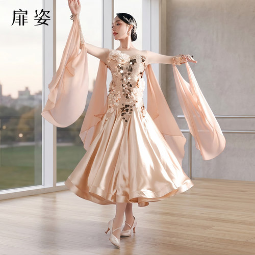 扉姿 摩登舞裙新款连衣裙专业交谊舞比赛裙亮片大摆表演裙子F3093