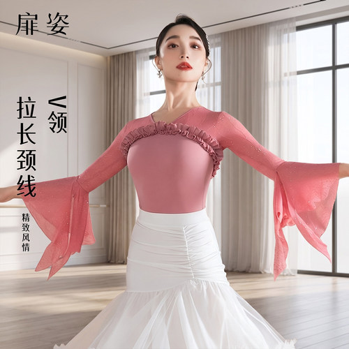 扉姿 摩登舞上衣女新款高级烫钻国标舞练功服洋气跳舞衣服F1338