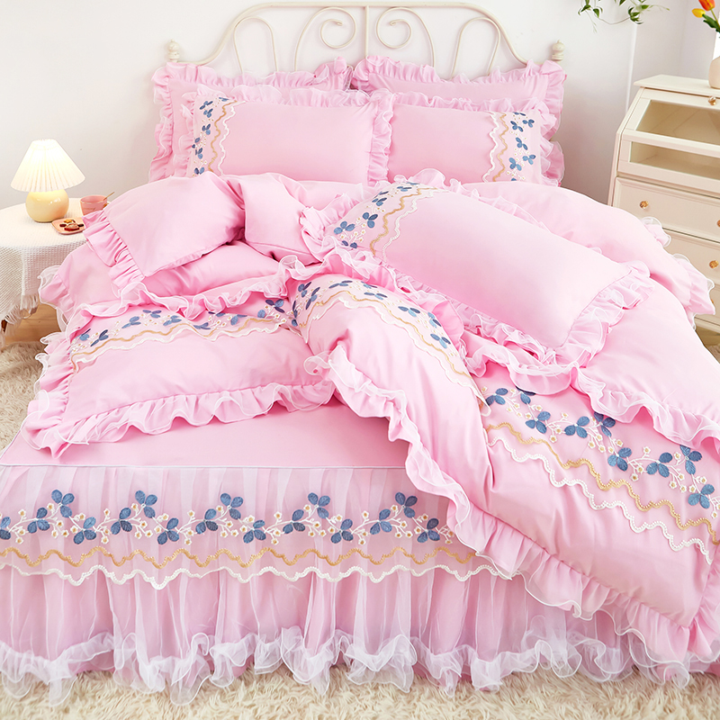 韩版蕾丝床裙式四件套刺绣公主床罩款防滑床套花边被单被套4件套
