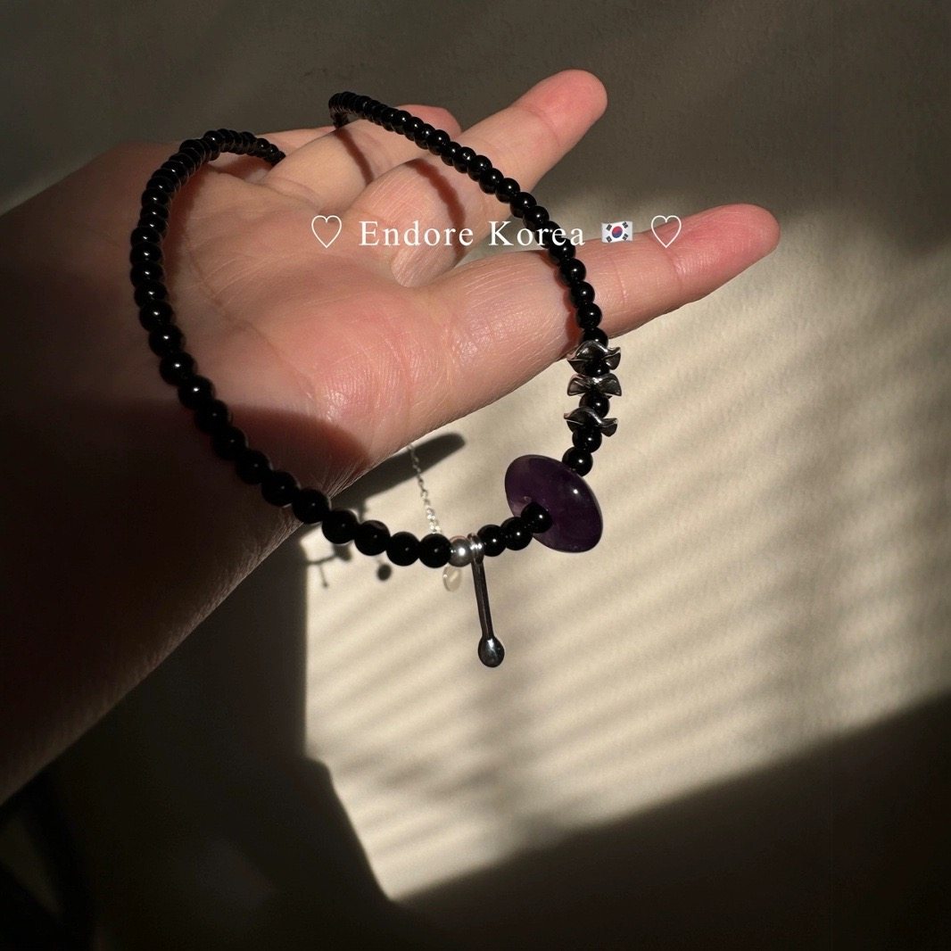 韩过S925纯银黑玛瑙串珠项链女紫水晶小众设计复古气质高级锁骨链