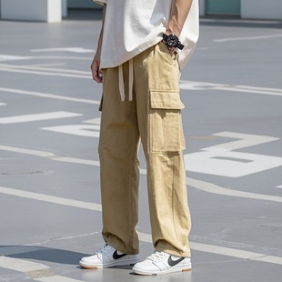 复古纯色休闲宽松直筒阔腿百搭长裤 子男春秋美式 裤 日系卡其色工装