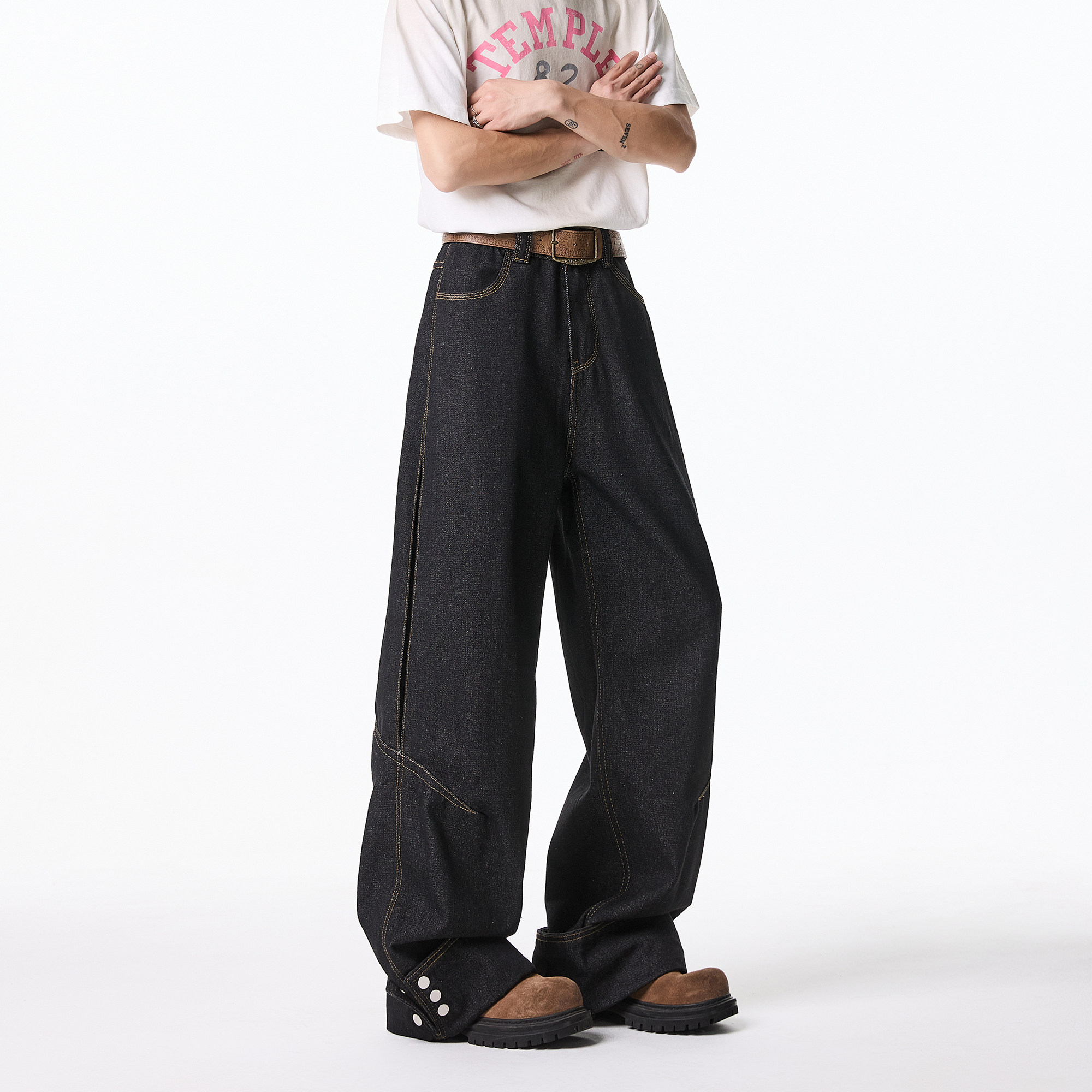 抖音品质2025春季新款丹宁弯刀阔腿牛仔裤HM114/P75控98,男装牛仔裤,电商A036