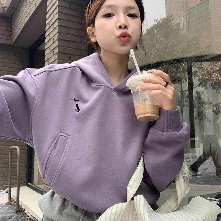 短款保暖紫色加厚上衣慵懒风宽松
