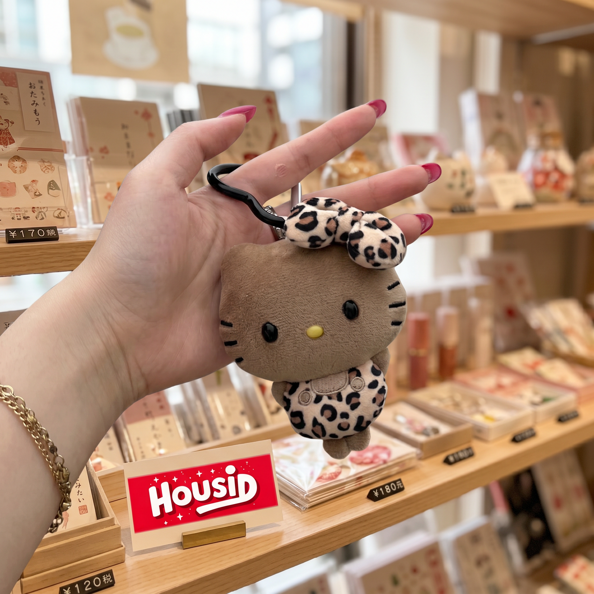 日本HOUSID正版Kitty黑皮短腿豹纹挂件可爱钥匙扣包挂饰生日礼物