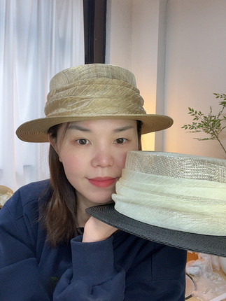 法式轻奢鎏金复古褶皱小檐礼帽女夏平顶帽麻纱帽防晒出游度假帽子