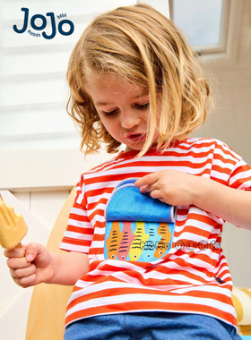 英国Jojo Maman Bebe儿童红色条纹鱼刺绣短袖T恤纯棉1-7岁Y24-412