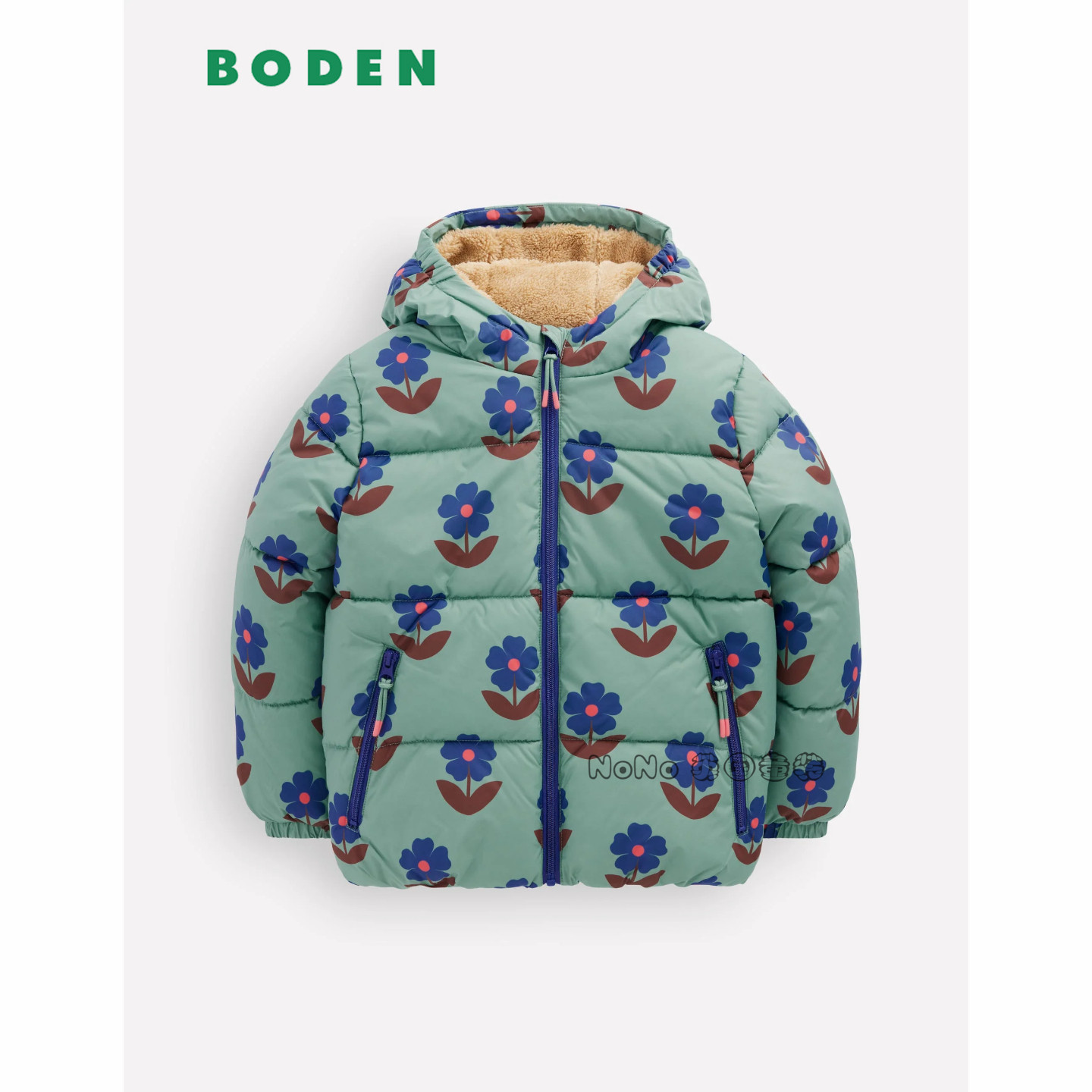 英国Mini BODEN女童绿色花朵防雨雪外套棉服加厚棉衣2-14岁G5701