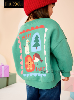 英国Next代购女童绿色圣诞树小鸟卡通卫衣运动衫加绒1-7岁F74-999