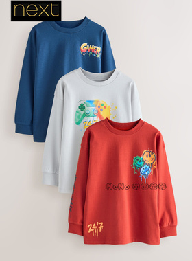英国Next男大童款亲子蓝白橙色长袖T恤纯棉3-16岁圆领三件F95-878