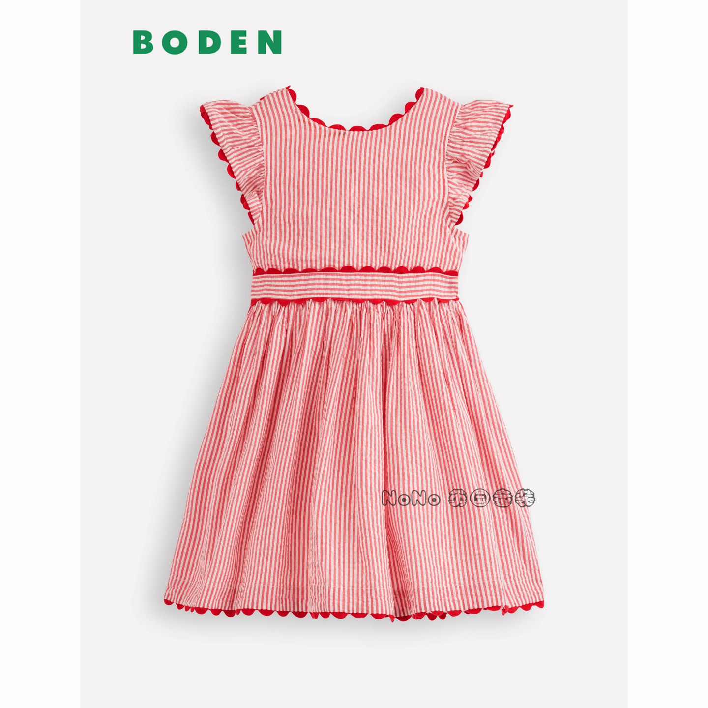 英国Mini Boden女童红白色条纹刺绣短袖连衣裙全棉2-12岁G5792