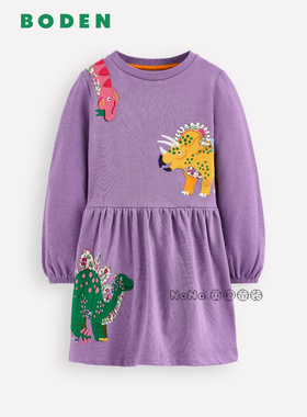 英国Mini Boden女童紫色贴布恐龙卫衣长袖连衣裙纯棉G5501-PRP