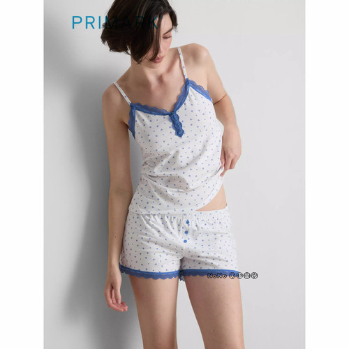 代购英国Primark女款大童蓝白色蝴蝶蕾丝吊带背心家居服睡衣短裤