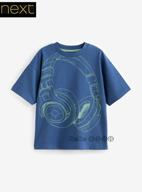 英国Next正品代购男大童亲子蓝色耳机纯棉短袖T恤运动衫682-109