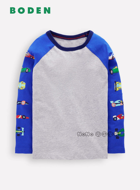 代购英国Mini BODEN男童蓝灰色赛车插肩长袖T恤纯棉2-12岁B3139