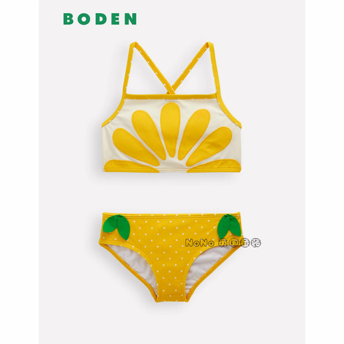 英国Mini Boden女童黄色柠檬泳衣裤套装分体沙滩2-12岁新款G5925