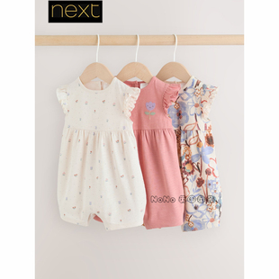 651 连体全棉短爬按扣三件W60 英国Next正品 女婴儿粉白色碎花短袖