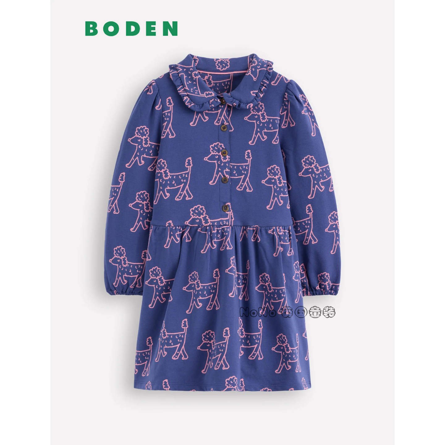 英国Mini Boden女童蓝色小狗娃娃翻领长袖连衣裙纯棉2-14岁G5510