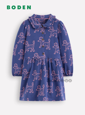 英国Mini Boden女童蓝色小狗娃娃翻领长袖连衣裙纯棉2-14岁G5510