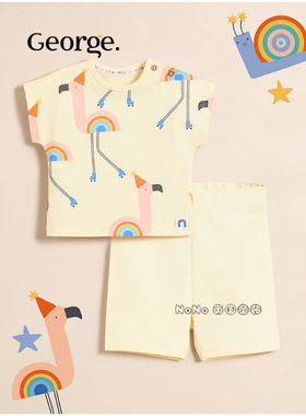 英国乔治George儿童黄色彩虹火烈鸟短袖T恤短裤纯棉夏套装1270464
