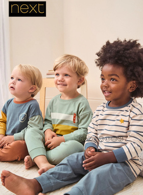 英国Next男童黄蓝色条纹拼色家居服睡衣秋裤1-12岁纯棉F75-388