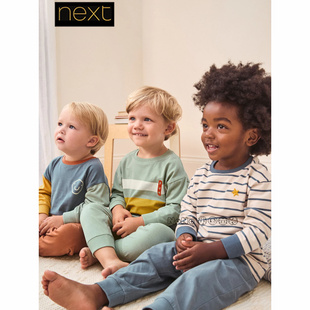 388 12岁纯棉F75 英国Next男童黄蓝色条纹拼色家居服睡衣秋裤