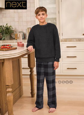 英国Next男大童亲子黑色格子保暖厚绒家居服睡衣裤3-16岁F70-657