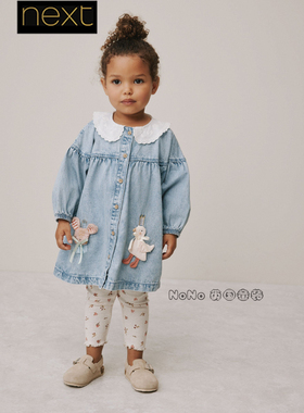 英国Next女童蓝色牛仔连衣裙老鼠卡通打底裤休闲套装1-8岁F69-762