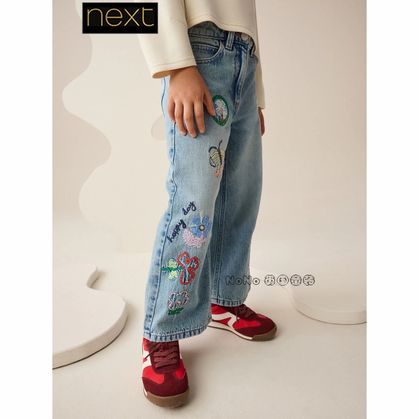 英国Next代购女大童亲子浅蓝色刺绣阔腿牛仔裤纯棉3-16岁H49-533