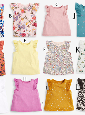 Next英国正品女童蓝色飞袖刺绣粉色白色印花T恤有机棉769-604