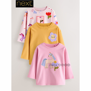 英国Next正品代购女童粉黄色花朵独角兽长袖T恤休闲纯棉F81-807