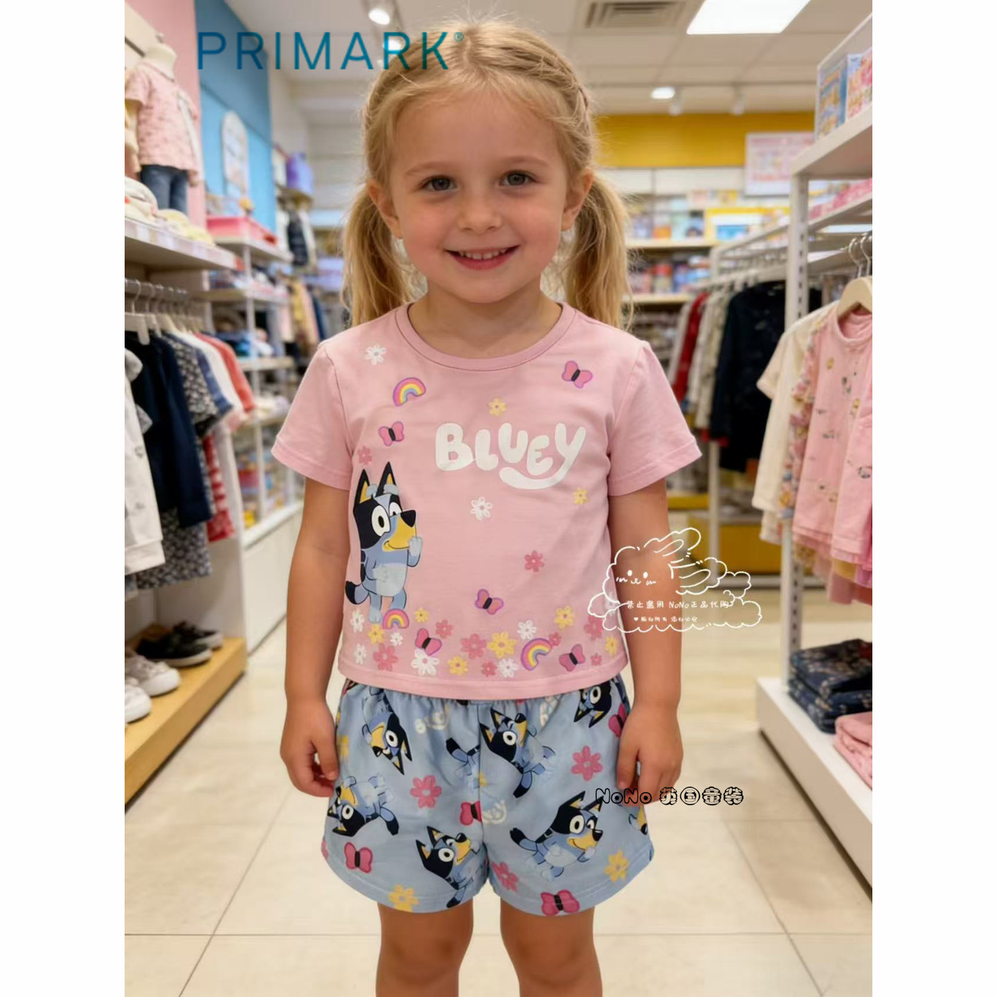 现货英国PRIMARK女童粉蓝色布鲁伊速干短袖T恤家居服睡衣裤套装