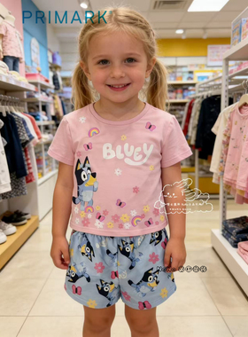 现货英国PRIMARK女童粉蓝色布鲁伊速干短袖T恤家居服睡衣裤套装