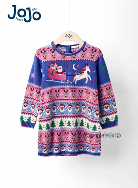 英国JoJo Maman Bebe女童粉蓝色圣诞老人独角兽毛衣连衣裙G00-820