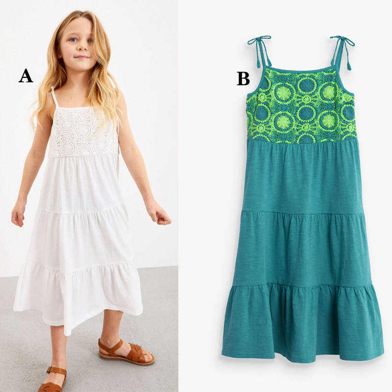 现货Next英国正品女大童吊带裙白色刺绣蓝绿色长裙连衣裙T12-353