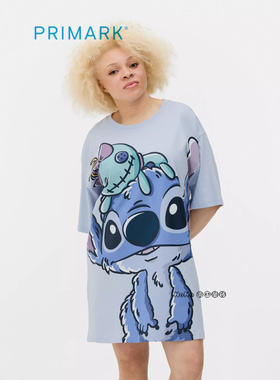 代购英国Primark成人女大童蓝色史迪奇短袖家居服睡裙T裙宽松