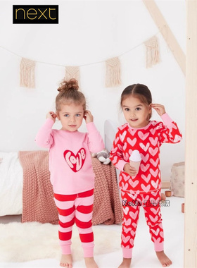 现货Next英国正品女大童粉红色爱心家居服新年长袖睡衣裤U59-099